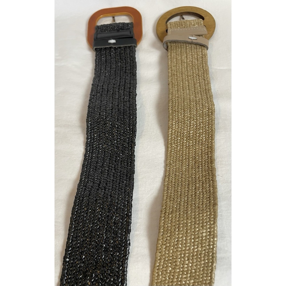 Lot Of 2 Woven Stretch Wide Belt Women's M/32 Black Beige Wooden Buckle Boho - Picture 5 of 7